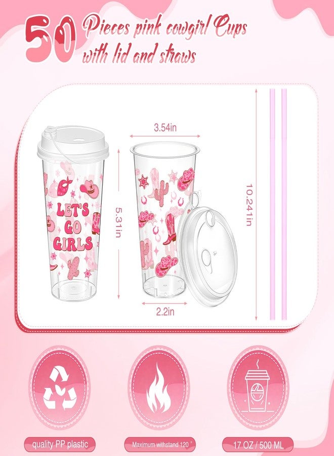 Remerry 50 Sets Western Cowgirl Party Cups with Lids and Straws - 17 Oz Plastic Pink and Brown Clear Cups Bulk for Birthday Party Baby Shower Theme Events Decorations Supplies - Image 2