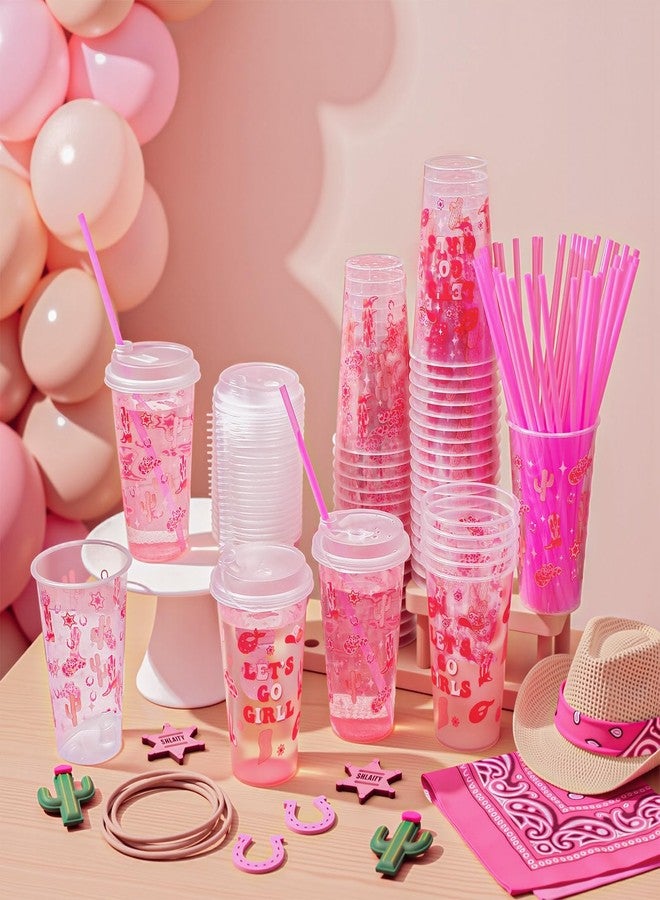 Remerry 50 Sets Western Cowgirl Party Cups with Lids and Straws - 17 Oz Plastic Pink and Brown Clear Cups Bulk for Birthday Party Baby Shower Theme Events Decorations Supplies - Image 4