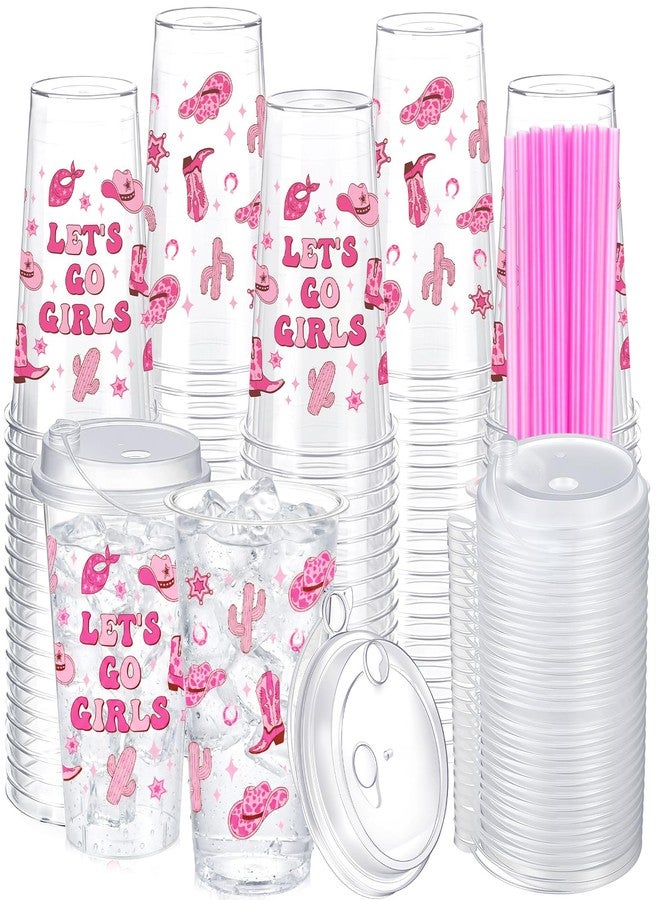 Remerry 50 Sets Western Cowgirl Party Cups with Lids and Straws - 17 Oz Plastic Pink and Brown Clear Cups Bulk for Birthday Party Baby Shower Theme Events Decorations Supplies - Image 1