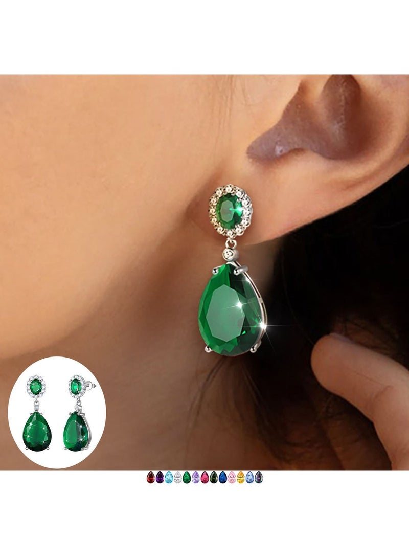 Juwaliy Women Teardrop Dangle Earrings May Birthstone Emerald Green 925 Sterling Silver Jewelry Mom Grandma Birthday Mother's Day Gift - Image 1
