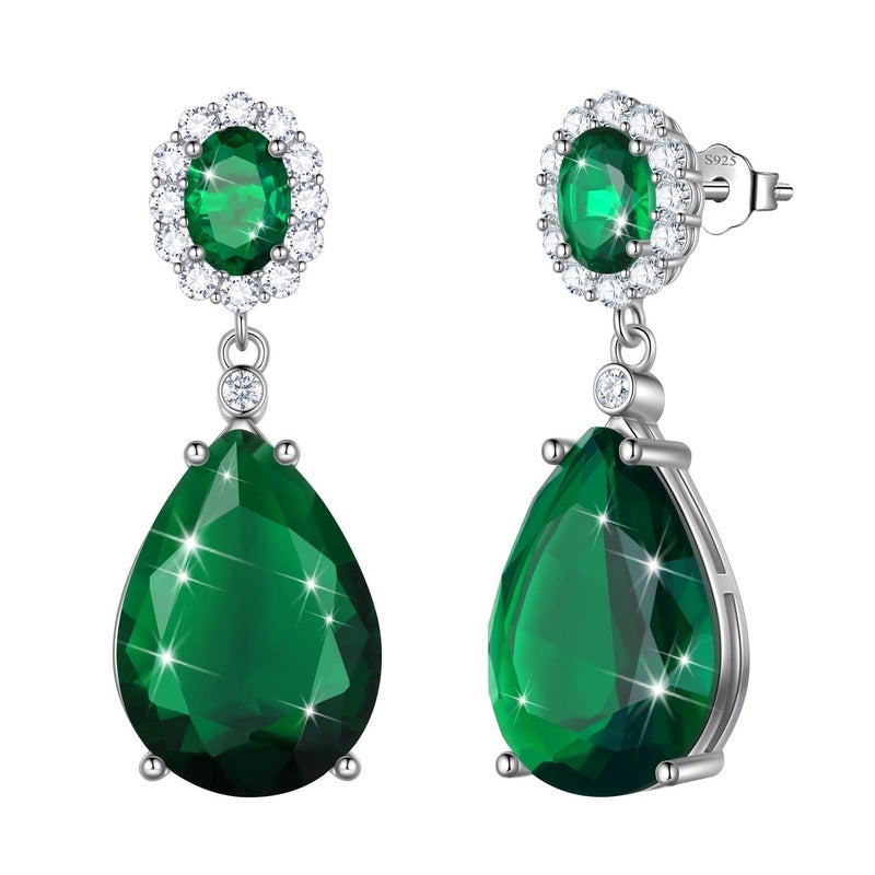 Juwaliy Women Teardrop Dangle Earrings May Birthstone Emerald Green 925 Sterling Silver Jewelry Mom Grandma Birthday Mother's Day Gift - Image 3