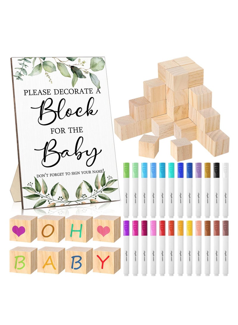 كابتن تيك 75 Pcs Baby Shower Block Games Sign Kit with 50 DIY Blank Wooden Blocks and 24 Acrylic Markers for Party Decoration - Image 1