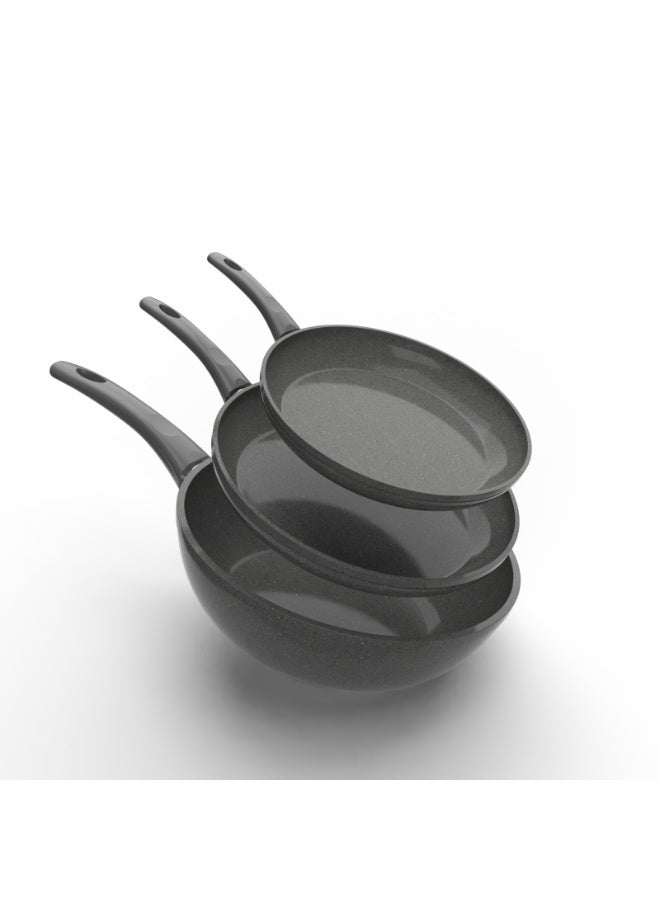 Cooking Set 3 Pieces Frypan ( 20-24) +Wok 28 ) Grey