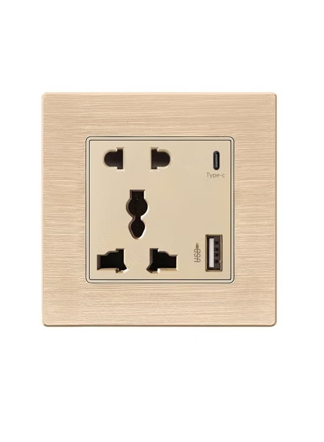Universal Wall Socket with Type C and USB, QC Charging Electric Power Wall Socket Outlet, For Home and Office, Gold - Image 1