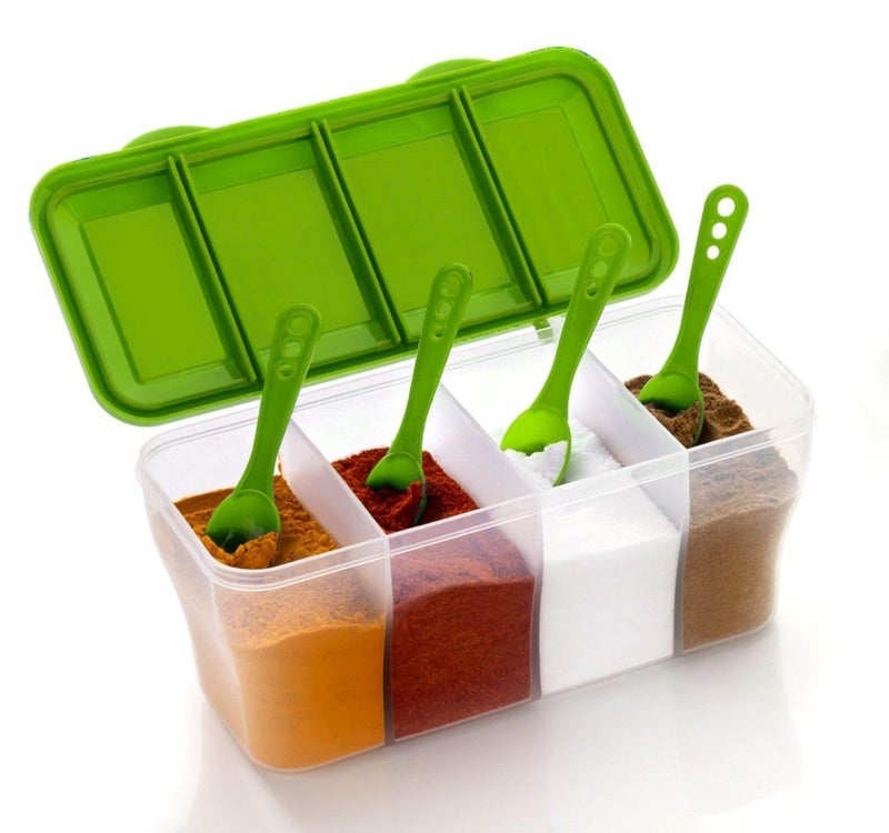 OLMARTT KITCHENWARE Sr Plastic 4 in 1 Multipurpose Masala Box for Kitchen Spice Boxes for Kitchen Transparent 4 Compartment Storage Containers Airtight Grocery Cereal1800 Ml with 4 Spoons (Multicolor) - Image 3