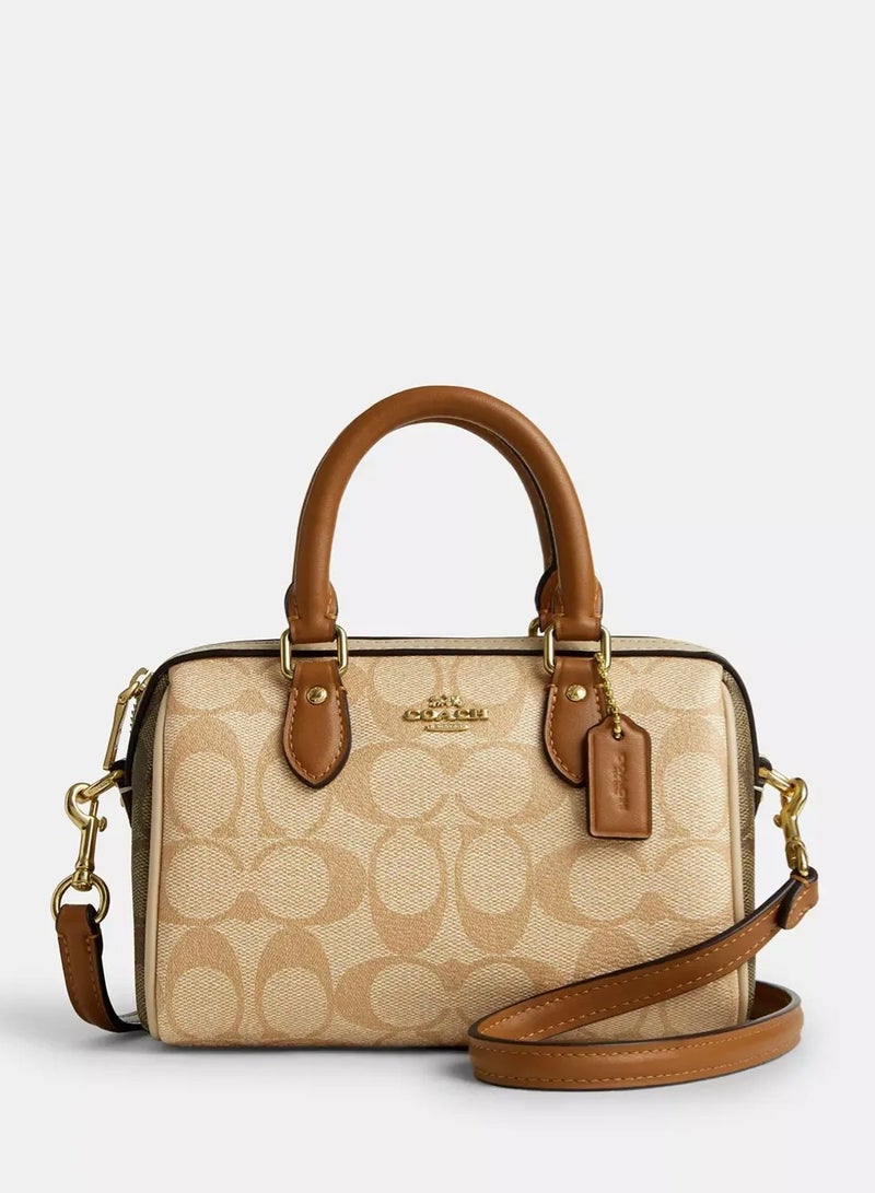 coachoutlet Coach Mini Rowan Satchel Bag In Signature Canvas, Women's Tote Bag, Women's Shoulder Bag, Women's Hand Bag, Women's Travel Bag, Beige-Brown 19cm - Image 1