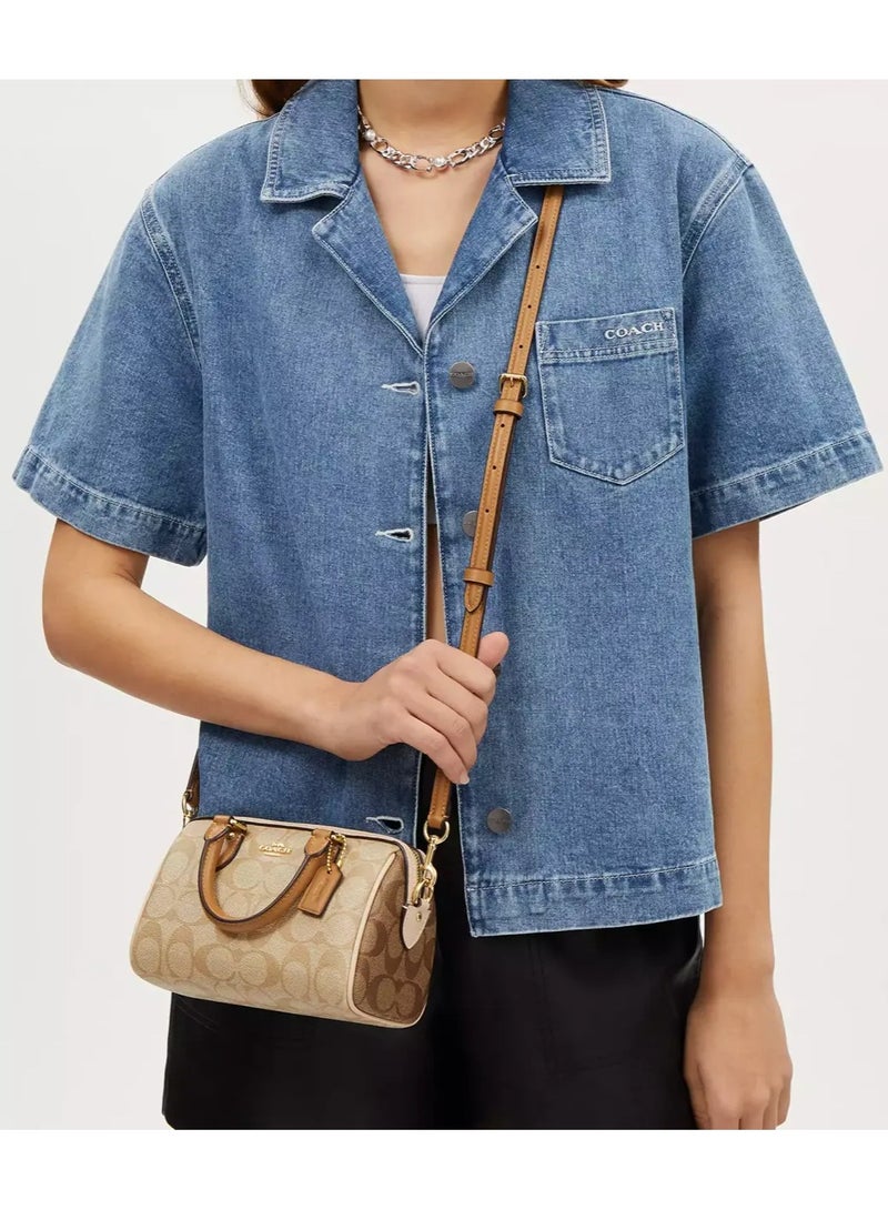 coachoutlet Coach Mini Rowan Satchel Bag In Signature Canvas, Women's Tote Bag, Women's Shoulder Bag, Women's Hand Bag, Women's Travel Bag, Beige-Brown 19cm - Image 4