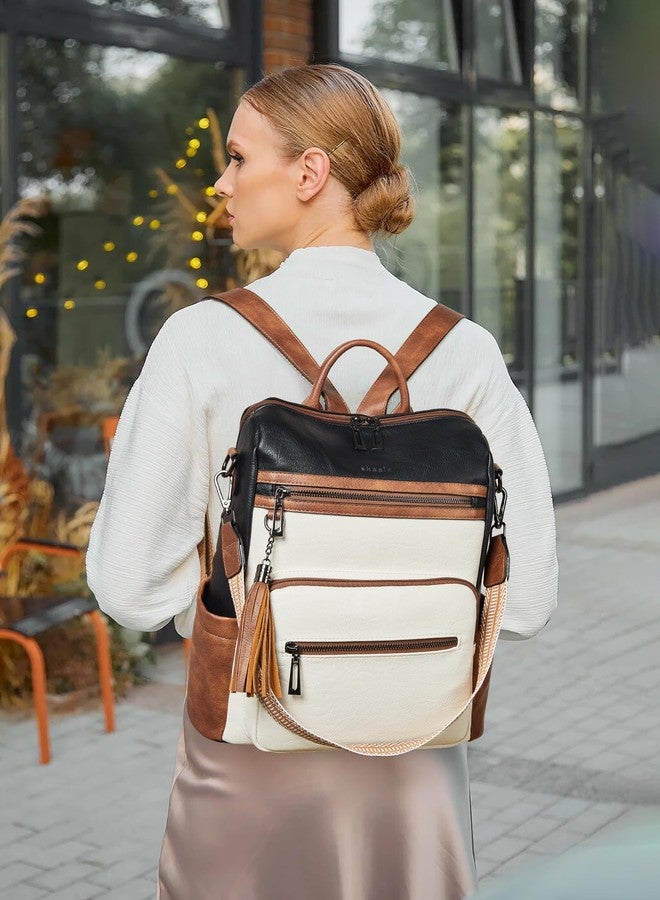 Shrrie Backpack Purse for Women Leather Backpack Fashion Designer Travel Backpack Convertible Shoulder Bag, Black With Brown and White, 12.5 x 5 x 13 inches - Image 2