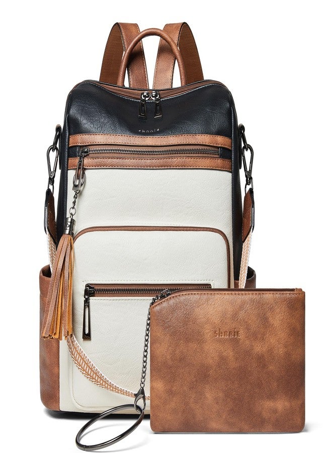 Shrrie Backpack Purse for Women Leather Backpack Fashion Designer Travel Backpack Convertible Shoulder Bag, Black With Brown and White, 12.5 x 5 x 13 inches - Image 1