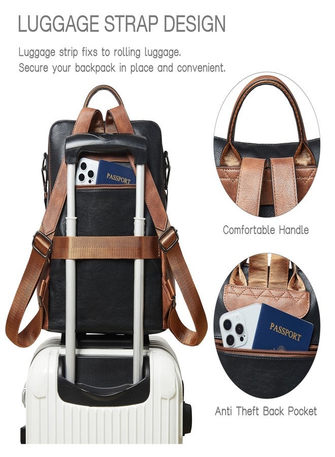 Shrrie Backpack Purse for Women Leather Backpack Fashion Designer Travel Backpack Convertible Shoulder Bag, Black With Brown and White, 12.5 x 5 x 13 inches - Image 4