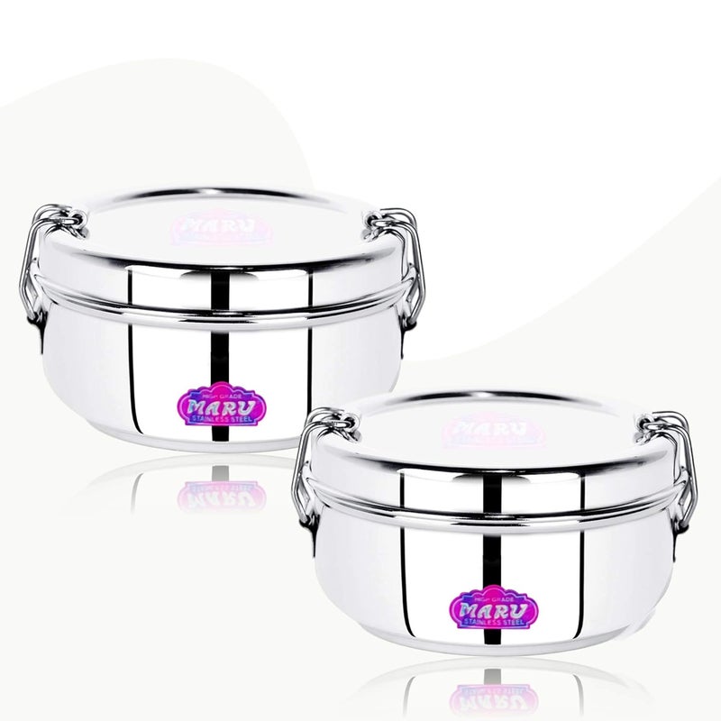 MARU Stainless Steel Lunch Box Set of 2 400ml Each Office Lunch Box with Steel Partition Plate Locking Clips Tiffin Box for Office Men Women - Image 1