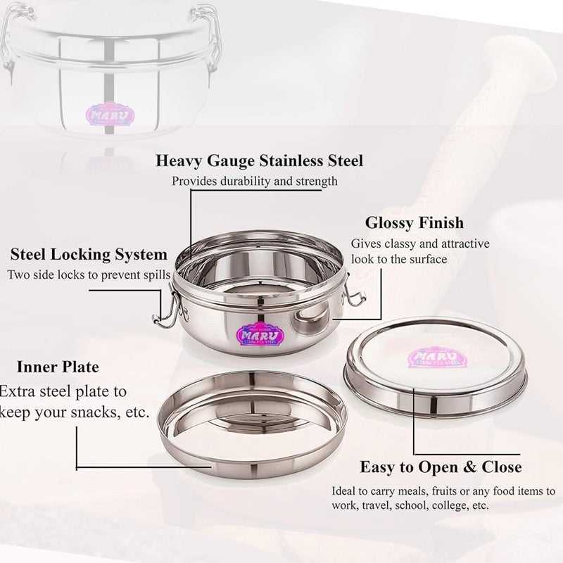 MARU Stainless Steel Lunch Box Set of 2 400ml Each Office Lunch Box with Steel Partition Plate Locking Clips Tiffin Box for Office Men Women - Image 2