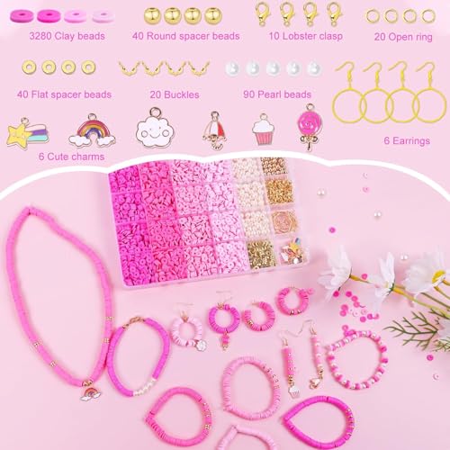 Hudux 3500PCS Pink Clay Beads for Bracelet Making Kit, Heishi Bead for Jewelry Making, Friendship Bracelet Kit, Spacer Beads for Adult Necklace Earring DIY - Image 2