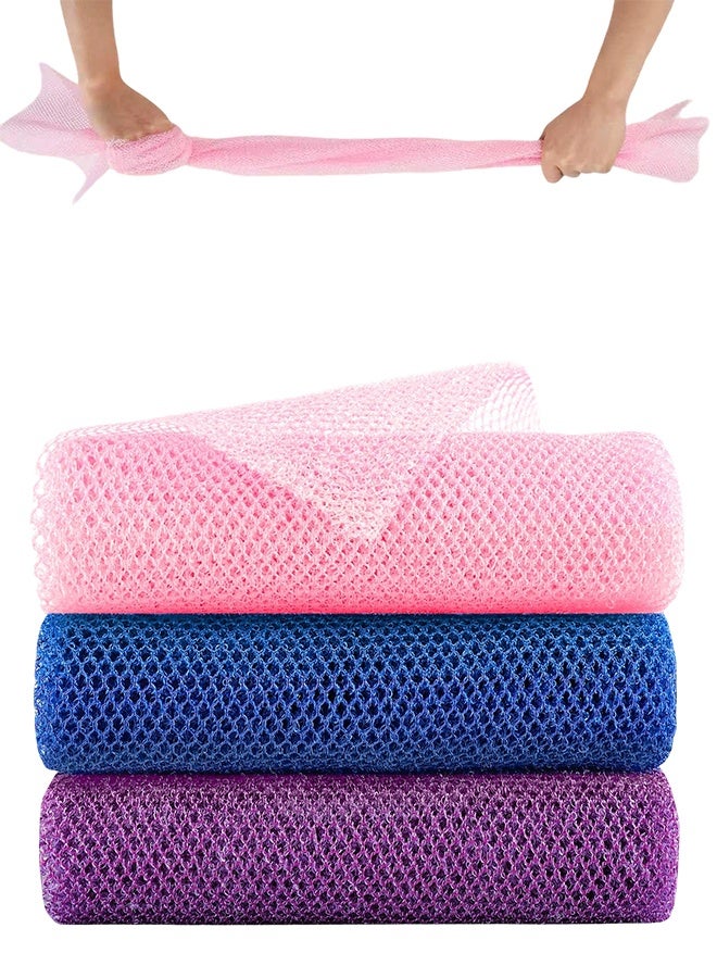 3 Pcs Blue, Pink, Purple Extra Long 31.4" L x 11.81" W African Net Sponge & Loofah Back Scrubber, Exfoliating Washcloth & Body Scrubber for Shower - Image 1
