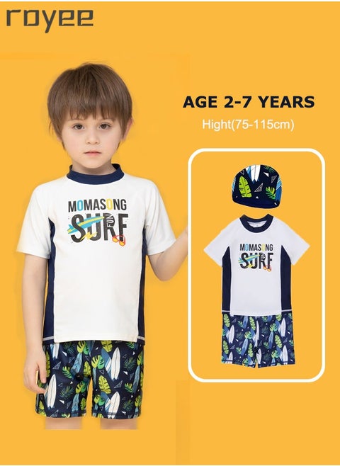 3-Piece Boys Split short Sleeved Swimsuit With Swim Cap Suit for Toddler/Junior/Youth Aged 2-12 Years boys， 0 formaldehyde, 0 bleach, and 0 fluorescent agent