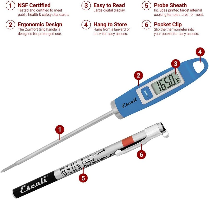Escali DH1 Gourmet Digital Meat Thermometer with Extra Long Probe, NSF Certified, Blue - Image 2