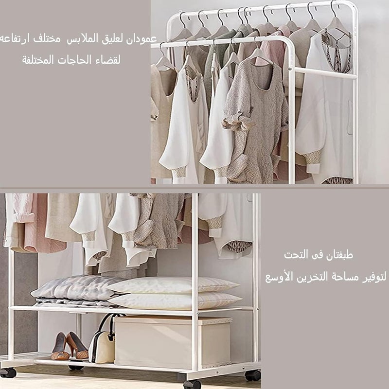 WISFOR Clothes Hanger Stand Rack: Heavy Duty Cloth Hanging Rail Clothing Drying Organizer with 2 Tier Shoe Storage Shelf Metal Garment Racks with Wheels White - Image 5