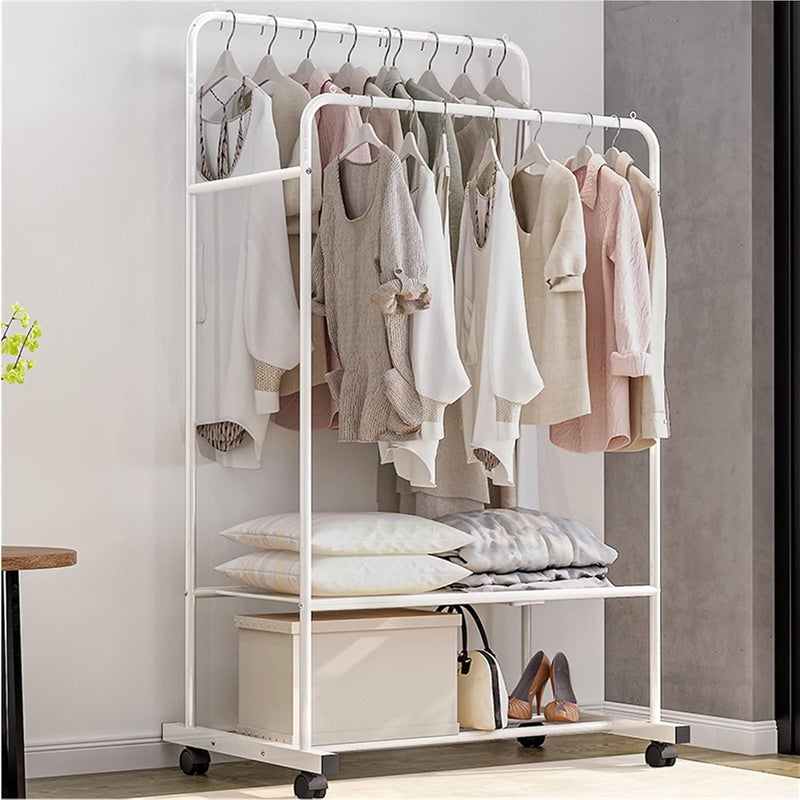 WISFOR Clothes Hanger Stand Rack: Heavy Duty Cloth Hanging Rail Clothing Drying Organizer with 2 Tier Shoe Storage Shelf Metal Garment Racks with Wheels White - Image 2