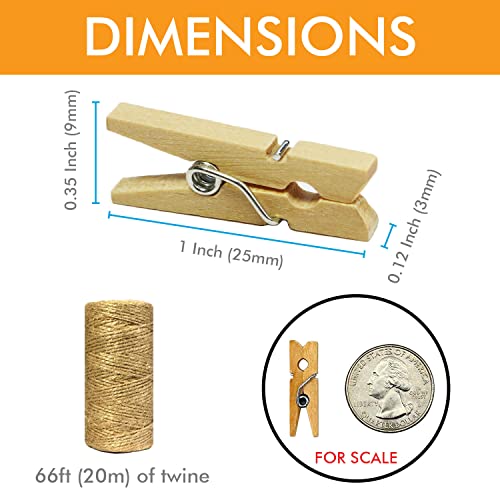 Millennial Essentials Mini Wooden Clothespins With Jute Twine, 250pcs, 1 Inch Photo Paper Peg Pin Craft Clips With 66ft Natural Twine for Scrapbooking, Arts & Crafts, Hanging Photos (Natural Color) - Image 3