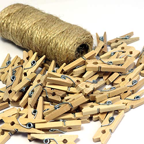 Millennial Essentials Mini Wooden Clothespins With Jute Twine, 250pcs, 1 Inch Photo Paper Peg Pin Craft Clips With 66ft Natural Twine for Scrapbooking, Arts & Crafts, Hanging Photos (Natural Color) - Image 4