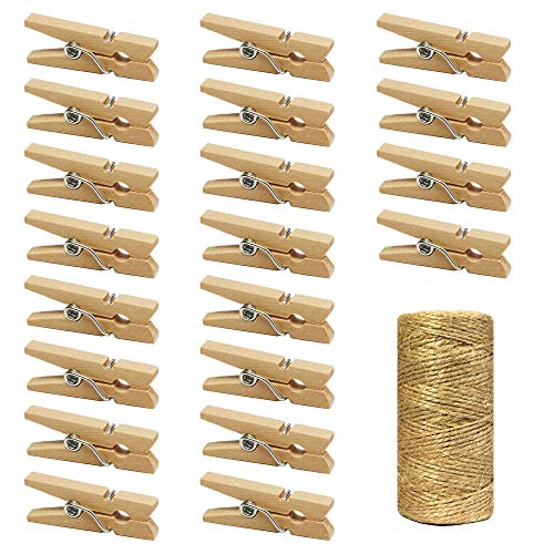 Millennial Essentials Mini Wooden Clothespins With Jute Twine, 250pcs, 1 Inch Photo Paper Peg Pin Craft Clips With 66ft Natural Twine for Scrapbooking, Arts & Crafts, Hanging Photos (Natural Color) - Image 1