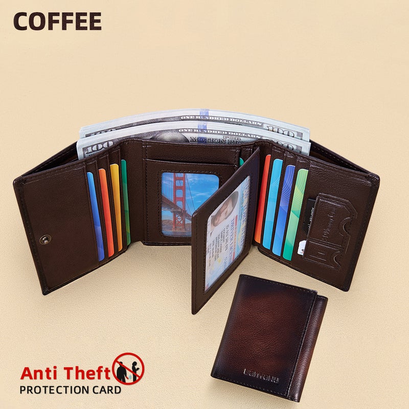 banyanu Men's Extra Large Capacity Tri-Fold Wallet - RFID Anti-Theft Genuine Leather Wallet (Coffee) - Image 1
