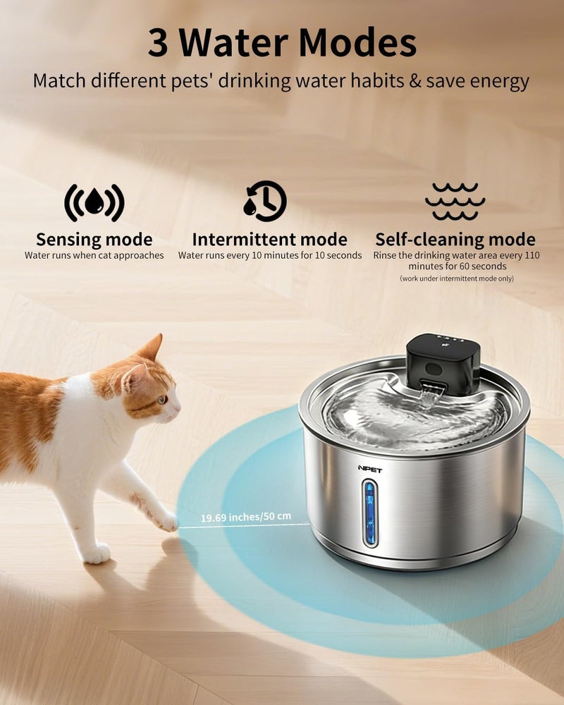 NPET Stainless Steel Wireless Cat Fountain, 1Gallon/4L Battery Operated Automatic Pet Drinking Fountain - Cordless Dog Water Dispenser with Water Level Window for Cats Indoor - Image 3