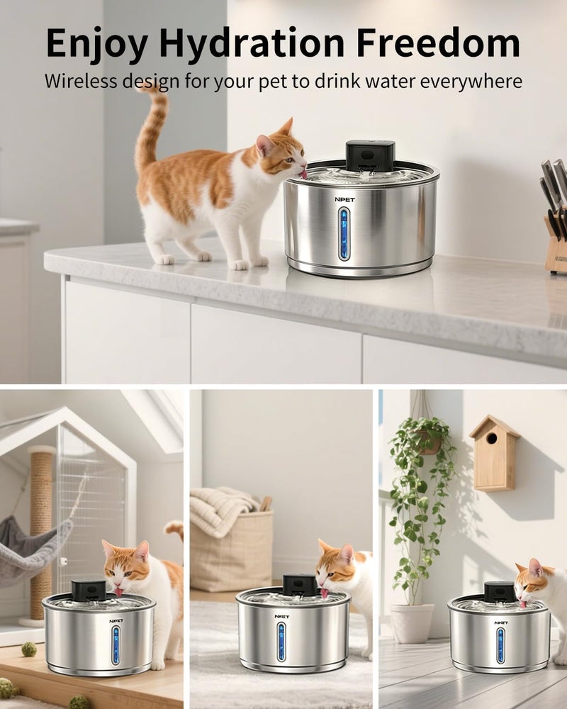 NPET Stainless Steel Wireless Cat Fountain, 1Gallon/4L Battery Operated Automatic Pet Drinking Fountain - Cordless Dog Water Dispenser with Water Level Window for Cats Indoor - Image 2