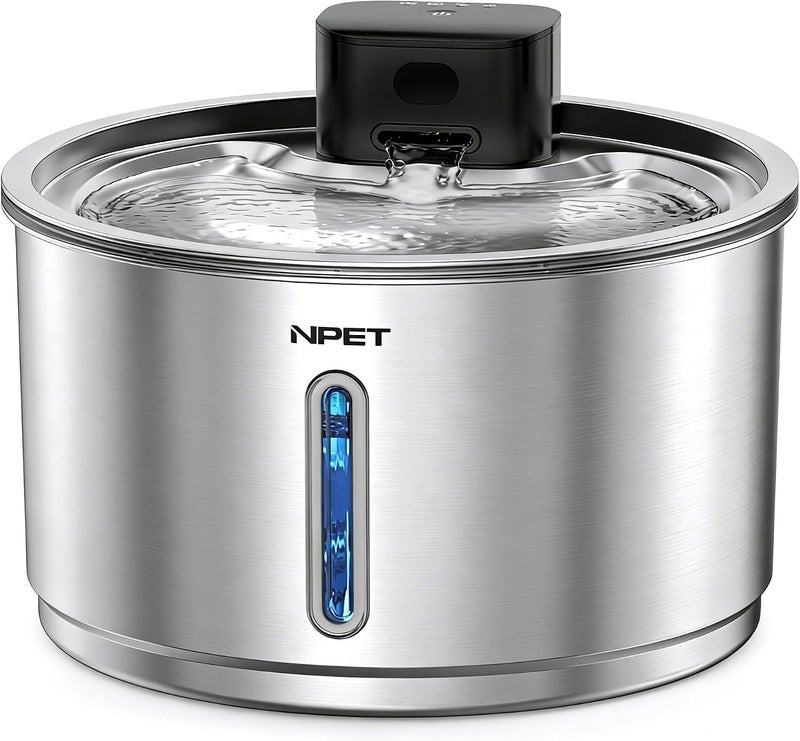 NPET Stainless Steel Wireless Cat Fountain, 1Gallon/4L Battery Operated Automatic Pet Drinking Fountain - Cordless Dog Water Dispenser with Water Level Window for Cats Indoor - Image 1