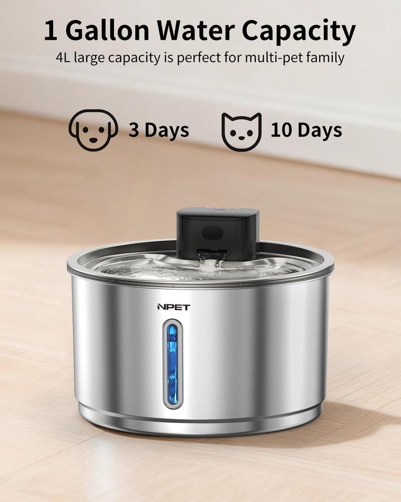 NPET Stainless Steel Wireless Cat Fountain, 1Gallon/4L Battery Operated Automatic Pet Drinking Fountain - Cordless Dog Water Dispenser with Water Level Window for Cats Indoor - Image 5