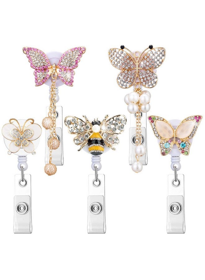 HASFINE 5 Pack Crystal Badge Holders Retractablehandmade Bling Rhinestone Cartoon Butterfly And Bee Id Name Badge Reel With Alligator Clip For Workers Nurses Teachers - Image 1