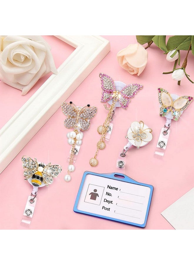 HASFINE 5 Pack Crystal Badge Holders Retractablehandmade Bling Rhinestone Cartoon Butterfly And Bee Id Name Badge Reel With Alligator Clip For Workers Nurses Teachers - Image 2
