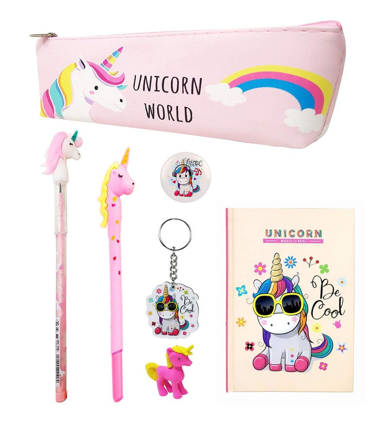 Jiada Unicorn Gift Pack of 7 in 1 for Girls - Pouch, Notebook, Gel Pen, Stacking Pencil, Eraser, Keychain and Badge. - Image 1