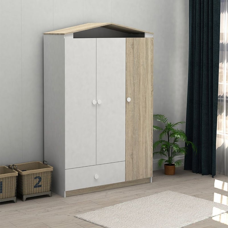 DANUBE HOME Stanley V2 3 Door Wardrobe With 1Drawer | Sturdy Closet Clothes Storage Cupboard | Modern Design Space Saving Swing Door Cabinet For Bedroom L120.9xW50xH195cm-Sonoma Oak & White - Image 1