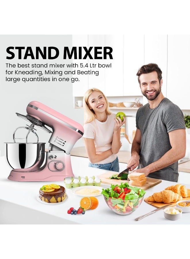 إنالسا INALSA Stand Mixer 1200W|Pure Copper Motor|5.4 L SS Bowl With Splash Guard|Accessories Included|Dishwasher Safe|Baking,Cake Mixer,Kneading-Kratos(Dual Pink) - Image 5