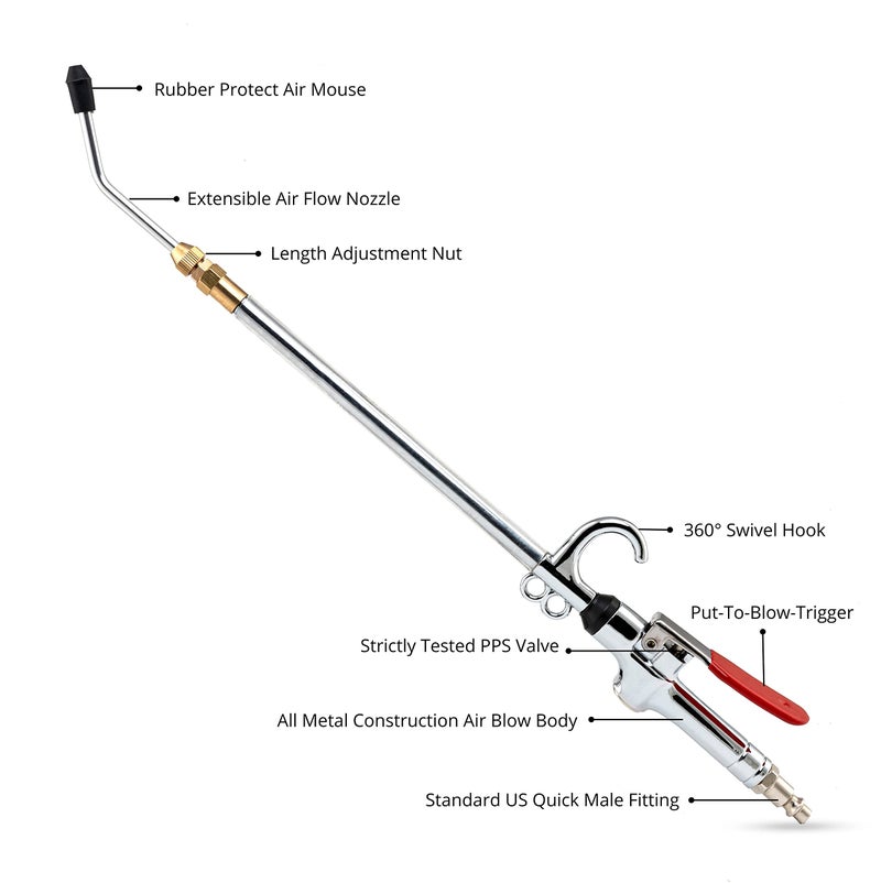 NEIKO 31122A High Flow Air Blow Gun, 17-26 Inch Extensible Air Nozzle Blow Gun, Pneumatic Air Compressor Accessories, Blow Gun Air Tool, Operating Pressure 80-120 PSI, 360 Degree Swivel Hook - Image 2
