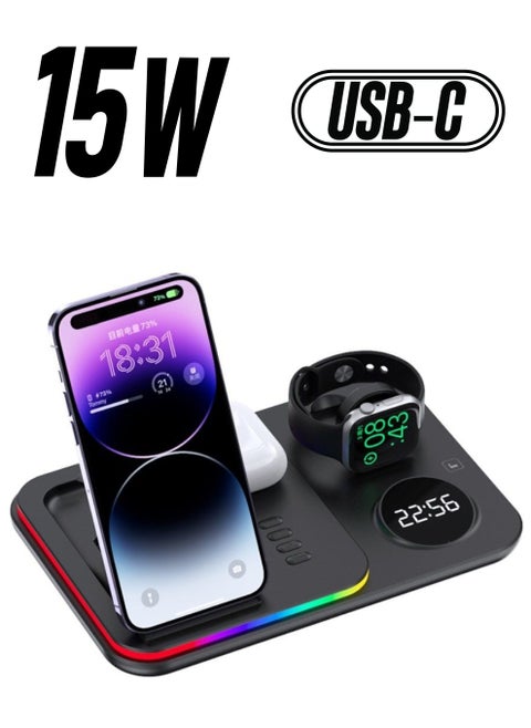 Wireless Charger Folding Portable Charging Station with Clock Ambient RGSB LED Light For Airpods Pro 2 iWatch Ultra2 Ultra Series 9 8 7 6 5 Apple iPhone 15/14/13/12 Max Pro Plus Samsung S23 S22 Ultra