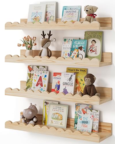 Shario Nursery Book Shelves 4Pack Wood Floating Shelves for Wall Kids Scalloped Shelves Wall Book Shelves for Bedroom Kids Toddler Room Baby Room Nursery DecorWood 165 Inches - Image 1