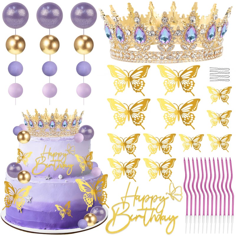 ZOYVUX Birthday Crown Cake Topper, Cake Decorations with Happy Birthday Cake Topper, Balls, Gold Butterflies, Corona Para Pastel for Women, Princess, Wedding Party Decor (Gold & Purple) - Image 1