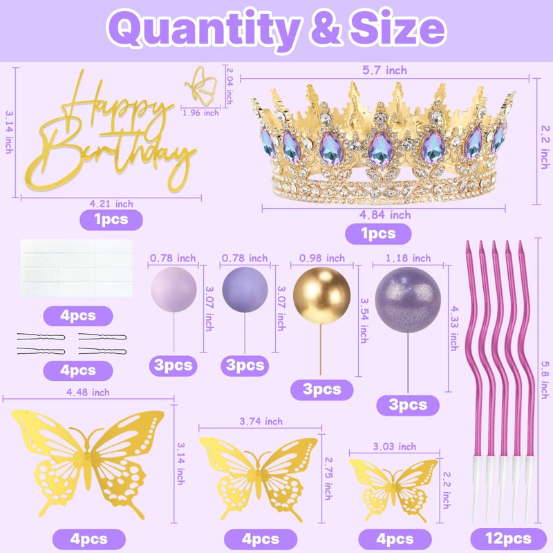 ZOYVUX Birthday Crown Cake Topper, Cake Decorations with Happy Birthday Cake Topper, Balls, Gold Butterflies, Corona Para Pastel for Women, Princess, Wedding Party Decor (Gold & Purple) - Image 4