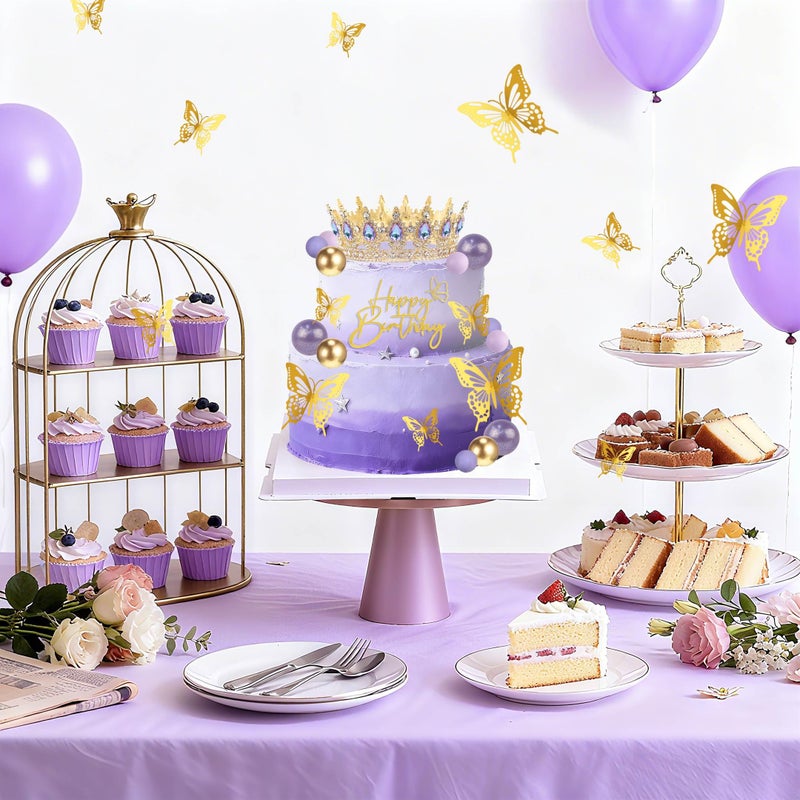 ZOYVUX Birthday Crown Cake Topper, Cake Decorations with Happy Birthday Cake Topper, Balls, Gold Butterflies, Corona Para Pastel for Women, Princess, Wedding Party Decor (Gold & Purple) - Image 2
