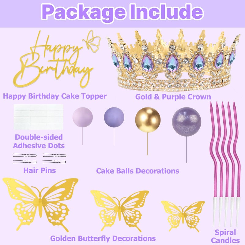 ZOYVUX Birthday Crown Cake Topper, Cake Decorations with Happy Birthday Cake Topper, Balls, Gold Butterflies, Corona Para Pastel for Women, Princess, Wedding Party Decor (Gold & Purple) - Image 3
