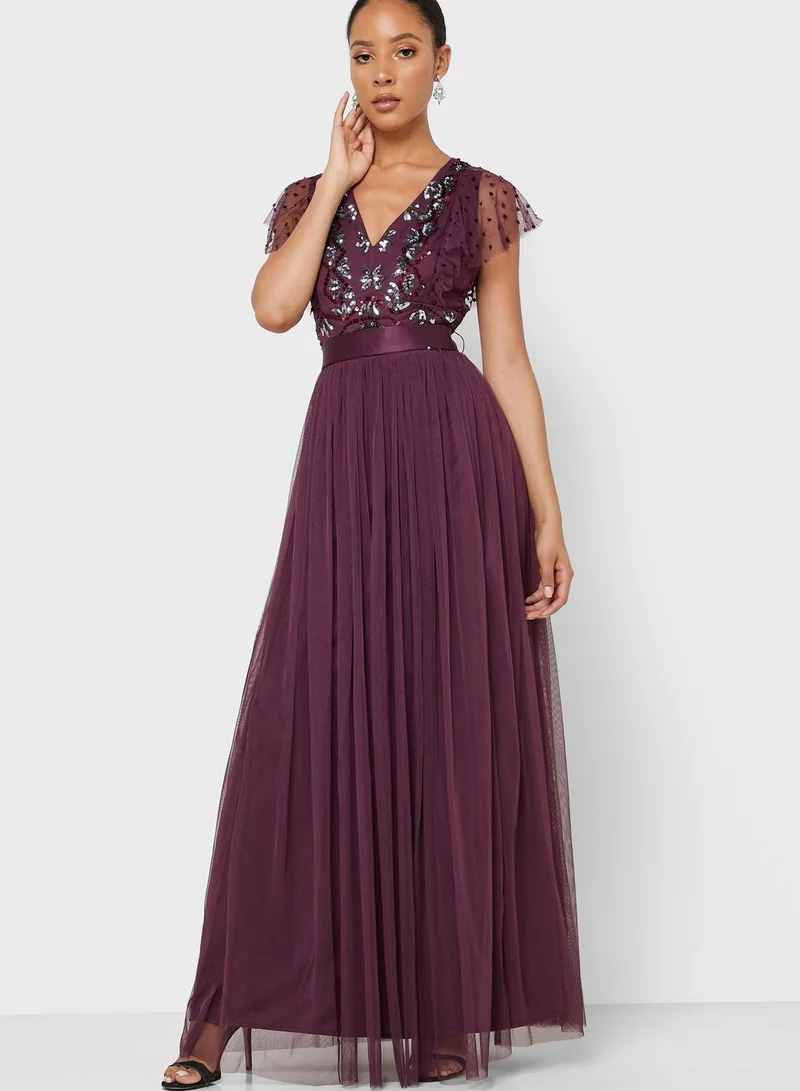 Maya Pleated Embellished Wrap Dress