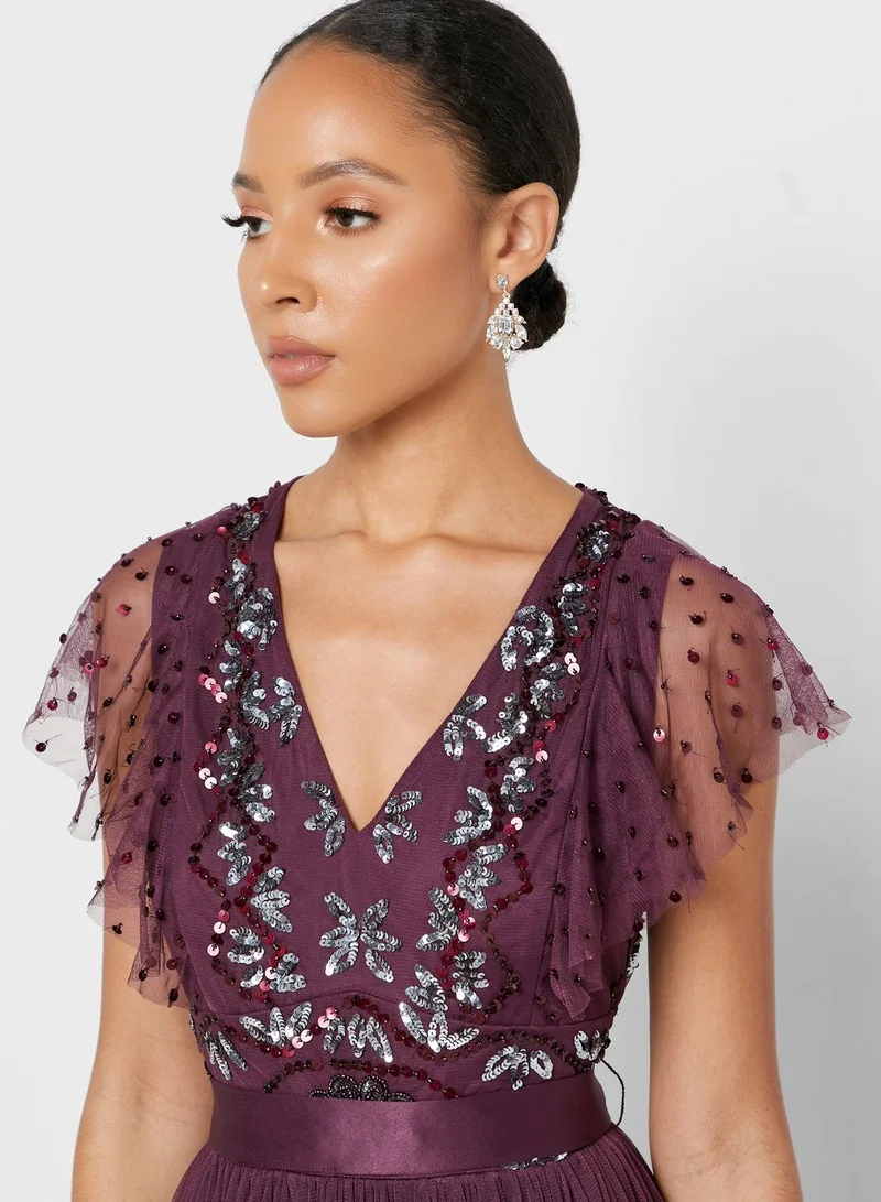 Maya Pleated Embellished Wrap Dress
