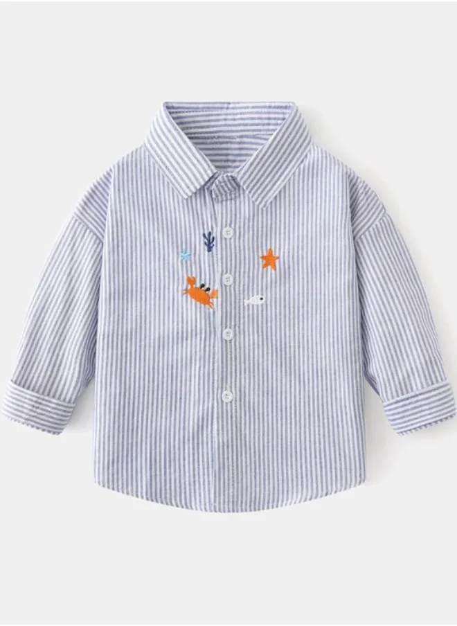 يونيكي Blue Collared Long Sleeve Applique Shirt