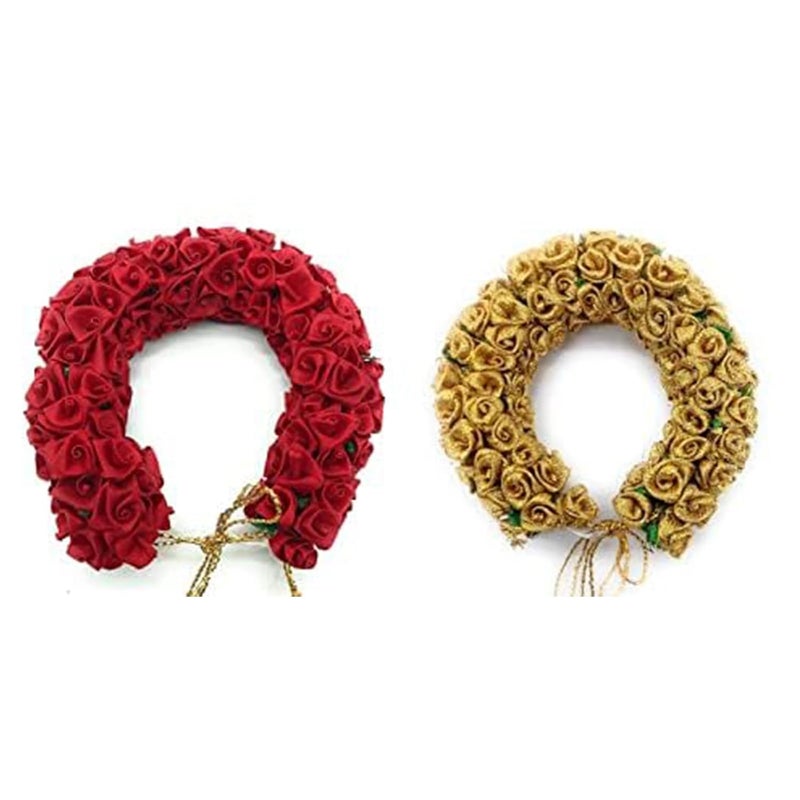 Ervio Red and Golden Artificial Gajra for Hair Bun Juda for Women and Girls Traditional Floral Veni for Wedding Temple Dance Pooja Festive Hairstyles (2 psc) - Image 1