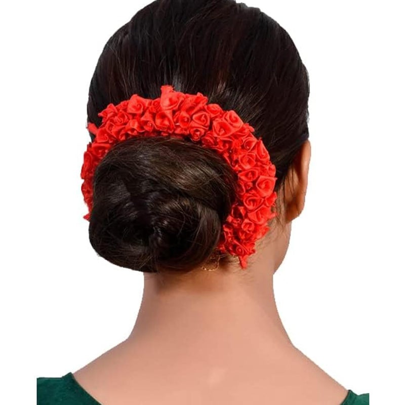 Ervio Red and Golden Artificial Gajra for Hair Bun Juda for Women and Girls Traditional Floral Veni for Wedding Temple Dance Pooja Festive Hairstyles (2 psc) - Image 2