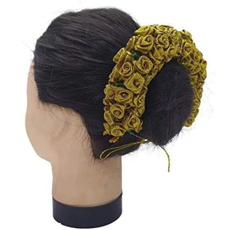 Ervio Red and Golden Artificial Gajra for Hair Bun Juda for Women and Girls Traditional Floral Veni for Wedding Temple Dance Pooja Festive Hairstyles (2 psc) - Image 3