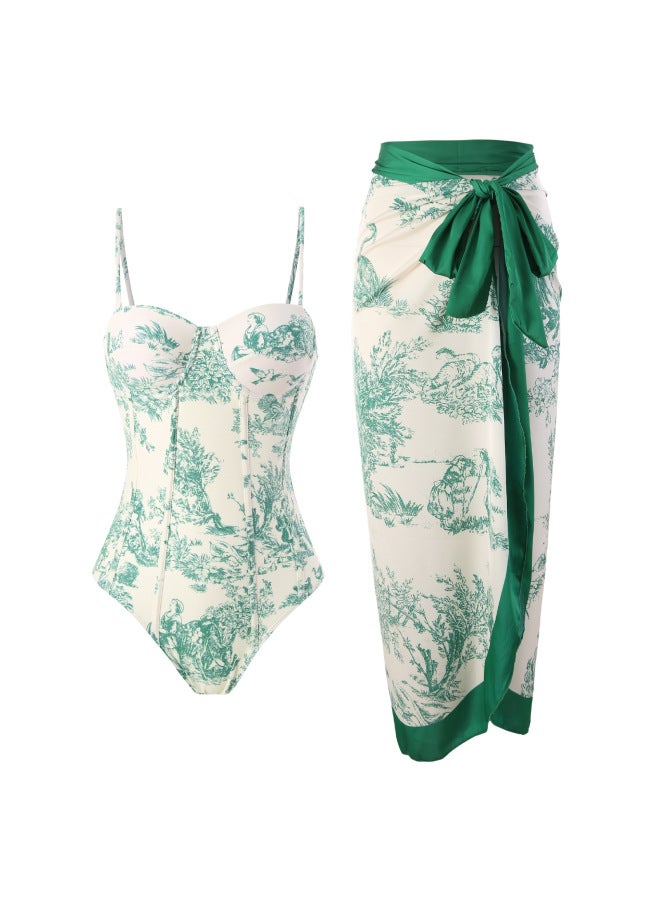 إسكدنيا 2023 European And American Style Swimsuit Women's Tight Slim Retro Strap Sun-proof Long Dress Two-piece Hot Spring Swimsuit-Color:Blue Gauze Skirt- - Image 3