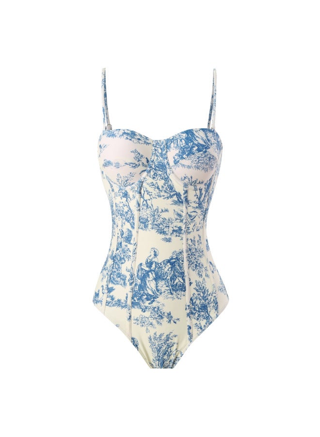 إسكدنيا 2023 European And American Style Swimsuit Women's Tight Slim Retro Strap Sun-proof Long Dress Two-piece Hot Spring Swimsuit-Color:Blue Gauze Skirt- - Image 4